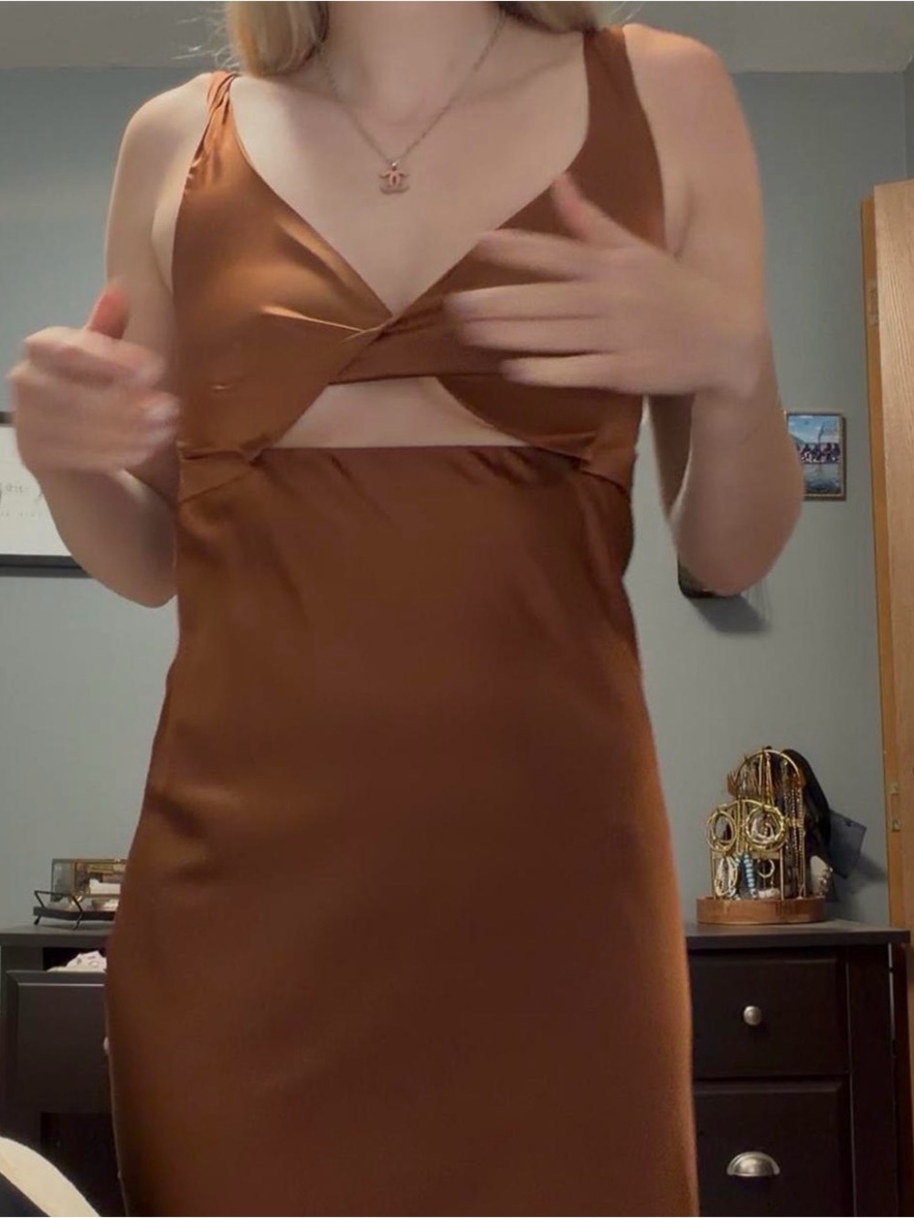 Hello Molly Cutout Satin Midi Dress in Chocolate Brown